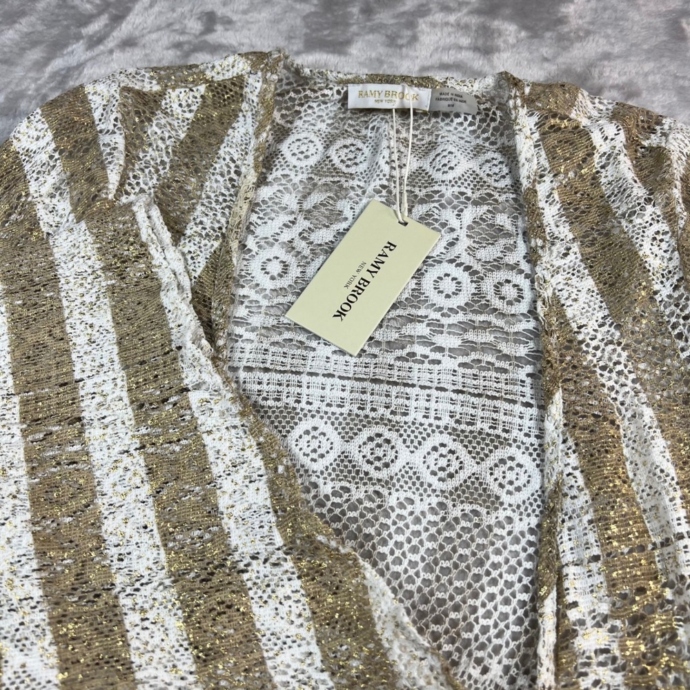 NWT Ramy Brook Women's M Manu Dress Gold White Metallic Stripe Crochet Lace Maxi